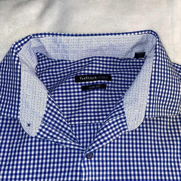 Van Heusen Studio Checked Slim-Fit Button-Down Shirt- 17/17.5 34/35 - Picture 4 of 5